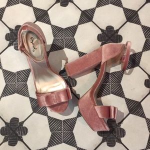 Qupid blush pink velvet platform heels.